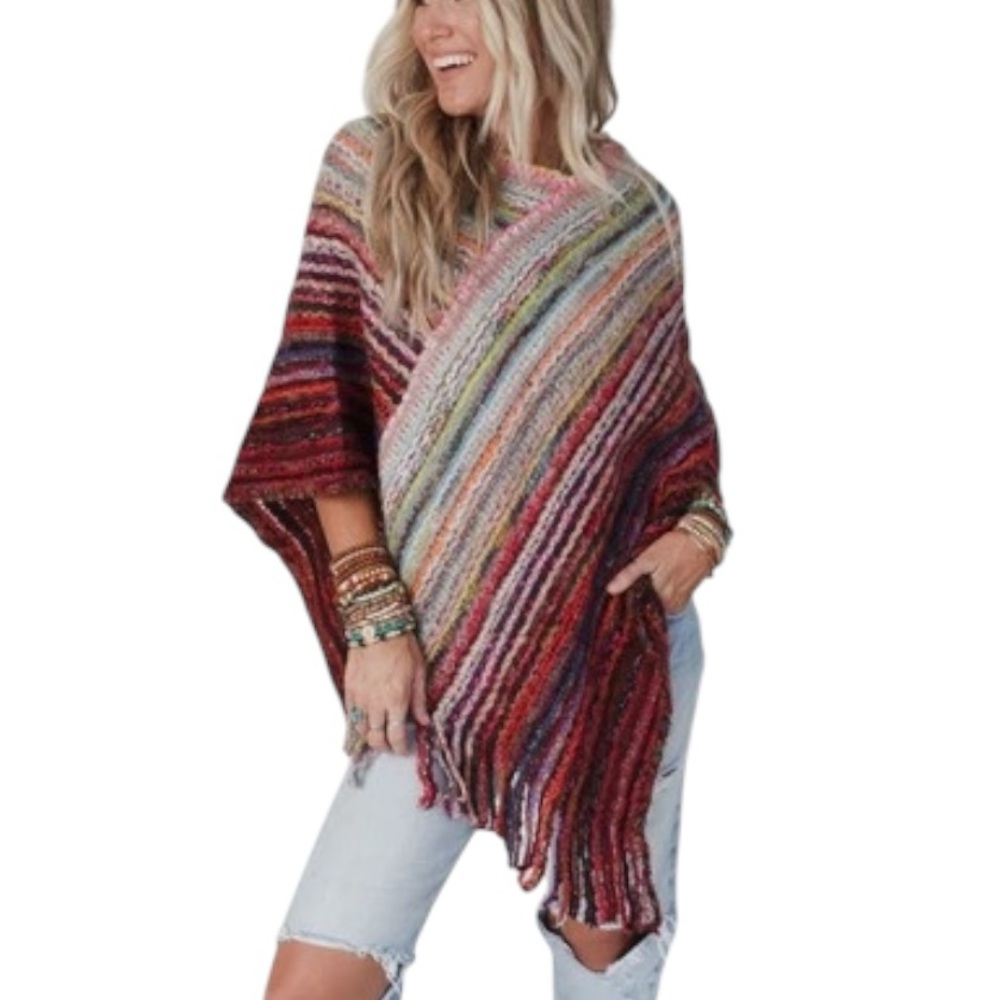 Multicolor Striped Fringe Asymmetrical Faux Wrap Knit Poncho - OS
